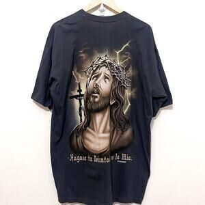 Vintage Jesus Christ Crown Of Thorns Graphic Tee T Shirt Size 2XL Gray‎ Cross